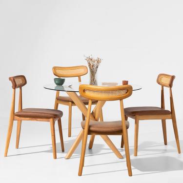 Imagem de Conjunto Mesa de Jantar Thai Redonda Vidro Incolor -1,10m + 4 Cadeiras Dalí Palha Larga PU - Cognac