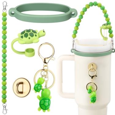 Imagem de Kenning Conjunto de 5 peças de acessórios de copo de silicone compatível com Stanley Cup, incluindo alça de garrafa de contas de silicone, chaveiro de golfinho, capa de canudo de golfinho, anel de