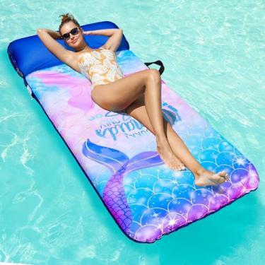 Imagem de Boias de piscina grandes para adultos – Boia de piscina extra grande coberta de tecido 182,88 cm x 96,5 cm com encosto de cabeça, boias de lounge de piscina para adultos, suprimentos de decoração de