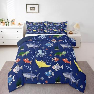 Imagem de Erosebridal Conjunto de edredom de tartaruga para quarto de meninos, tartaruga marinha, tubarão, solteiro, mundo subaquático, polvo, decoração de microfibra macia, azul escuro