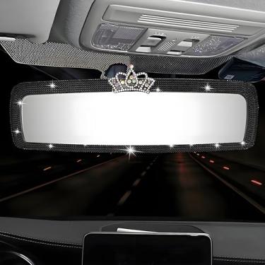 Imagem de Coroa brilhante cristal 10,7 polegadas HD vidro grande angular carro retrovisor clipe diamante brilhante acessórios decorativos interiores panorâmicos decoração de carro (preto)