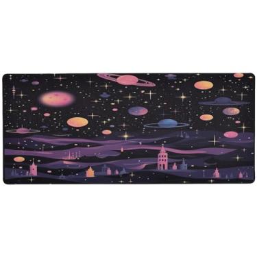 Imagem de Wassud Mouse pad com design de ilustração astronômica para jogos com base de borracha antiderrapante, mouse pad longo para teclado de computador com borda costurada, almofada grande à prova d'água