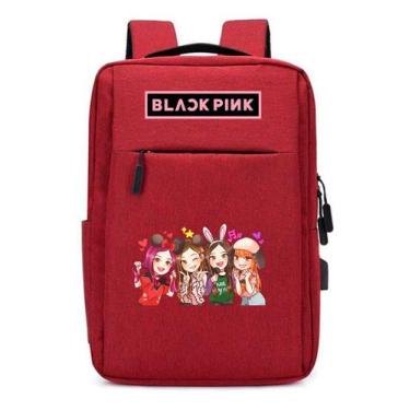 Imagem de Mochila Escolar Kpop Rosa Pink Black USB com Estampa DTF e Compartimen