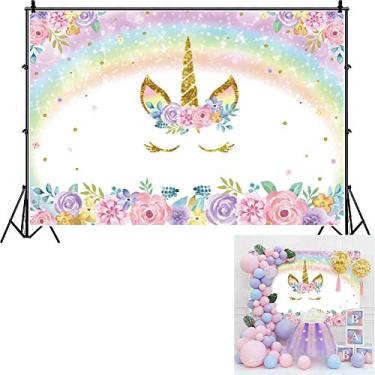Imagem de DASHAN Fundo de unicórnio de poliéster de 2,1 x 1,5 m para meninas bolo de aniversário esmagar 1º aniversário glitter unicórnio arco-íris chá de bebê unicórnio festa de fundo de fotografia flor unicórnio aniversário youtube adereço de foto