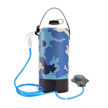 Imagem de Saco de banho de acampamento de pressão ao ar livre com bomba de pé e pulverizador sacos de armazenamento de água portáteis 10L para viagem de caminhada na praia, azul, 42 * 17 cm