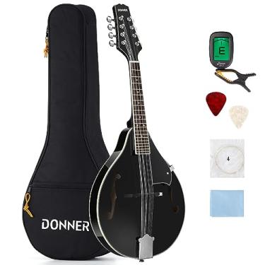 Imagem de Donner Conjunto de instrumentos bandolim preto para iniciantes adultos mogno estilo A com afinador, corda, bolsa de concerto, palhetas de guitarra (DML-100B)
