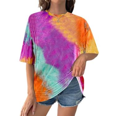 Imagem de SOFIA'S CHOICE Camisetas femininas grandes tie dye gola redonda manga curta casual verão, Cores de arco-íris, XXG