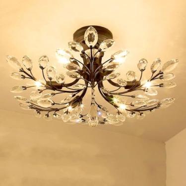 Imagem de Lustres de teto de cristal preto com instalação embutida de 6 luzes, lustres de galhos de árvores adequados para quartos, salas de jantar, cozinhas, iluminação pendente de cristal preto de f