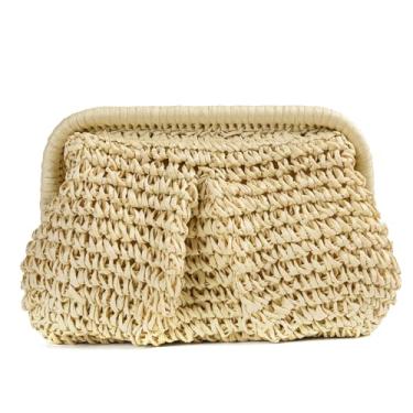 Imagem de Bolsa de mão pequena de crochê de palha bolsa clutch para mulheres bolsa de nuvem bolsa transversal ombro ombro verão praia bolsa de tecido, Bege