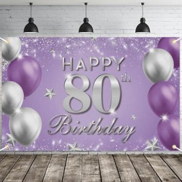Imagem de JOYKY Faixa de feliz aniversário de 80 anos, decorações de festa de aniversário de 80 anos de prata roxa para mulheres, decoração de pano de fundo, 15 x 9 metros