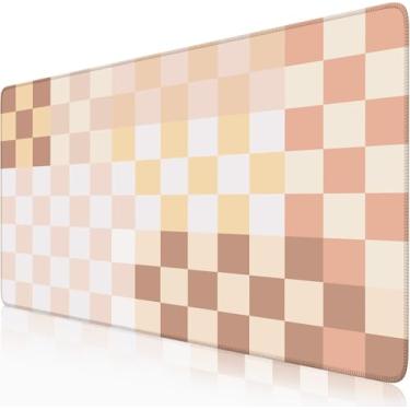 Imagem de Nasdalgias Tapete de mesa quadriculado boho mouse pad bege 2GG grande mouse pad com bordas costuradas, tapete de mouse pad para mesa de computador Deor Desk Matt para desktop 80 x 48 cm