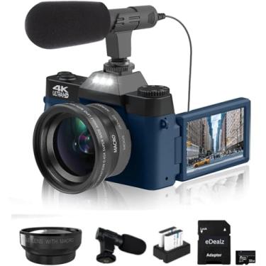 Imagem de eDealz Câmera Digital 4K 56Mp Para Vlogs No Youtube Com Tela Flip De 3,0'' E 180°, Wi-Fi, Zoom 16X, Lente Grande Angular Macro, Bateria Recarregável, Cartão Micro Sd 64 Gb (Kit Essencial, Azul-Marin