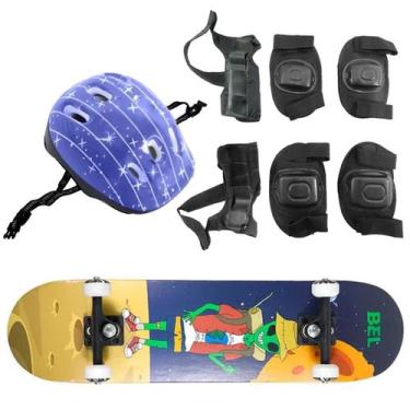 Imagem de Skate Semi Pro + Kit Proteção Completo Estampa E.T. Belfix, Azul