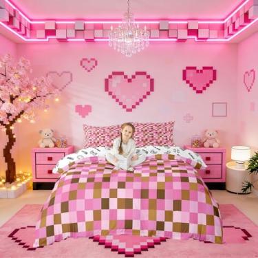 Imagem de Manfei Conjunto de capa de edredom com tema Pixel Grid tamanho casal, conjunto de cama gamepad de desenho animado 3 peças para decoração de quarto, roupa de cama infantil simples abstrata, capa de