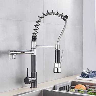 Imagem de Torneira de cozinha de primavera puxe pulverizador lateral bico duplo alça única torneira misturadora torneira de pia 360 rotações torneiras de cozinha, preto cromado, china