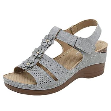 Imagem de Sandálias rasteiras de verão para mulheres salto inclinado adesivo flor sandálias sapatos sandálias esportivas meninas (cinza, 7)