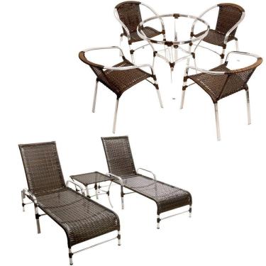 Imagem de Kit 4 Cadeiras E Mesa Alta, Espreguiçadeiras Em Alumínio E Ombrelone Para Piscina Trama