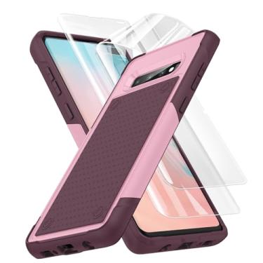 Imagem de Capa para Samsung S10, capa de telefone Galaxy S10 para mulheres e meninas, proteção resistente à prova de choque de policarbonato rígido traseira de silicone capa protetora completa para celular com protetor de tela HD, vermelho e rosa