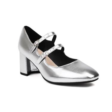 Imagem de BesoAbrazo Sapatos Mary Jane de salto grosso médio couro envernizado ajustável fivela dupla alça para mulheres, Prata, 6