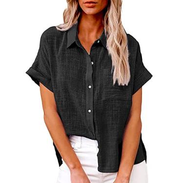Imagem de Camisas de linho para mulheres camisas casuais de botão cor sólida tops de verão elegantes roupas femininas de escritório, Preto, P