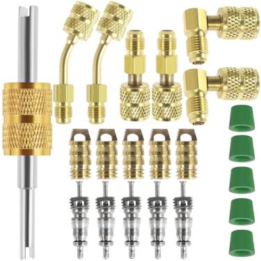 Imagem de Tzdxfgl Kit adaptador R410, conjunto de mini bomba de vácuo dividida de metal, conector conversor R410 resistente, durável 1/4SAE para 5/16SAE adaptador conector adaptador R410 para ar condicionado