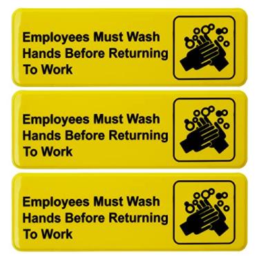 Imagem de Excello Global Products Employees Must Wash Hands Before Return to Work Sign: Placa informativa de segurança de plástico fácil de montar com símbolos Ótimo para negócios, 23 x 7,6 cm, pacote com 3