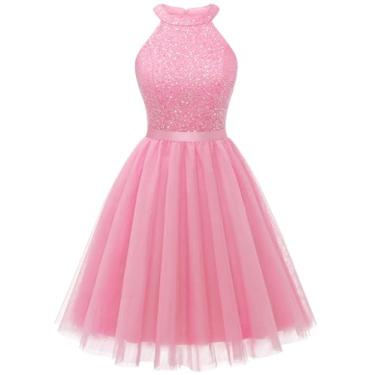 Imagem de Dressystar Vestido feminino curto frente única coquetel renda tule vestido de formatura, Lantejoulas - rosa, G