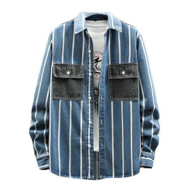 Imagem de Camisa jeans masculina, manga comprida, letras combinando, estampadas, gola aberta, bolsos frontais, Azul claro, XXG