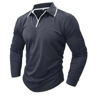 Imagem de Camiseta polo outono e inverno nova gola V cor sólida camisa polo para homens comércio exterior manga longa, Azul acinzentado, XXG