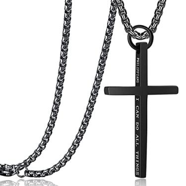 Imagem de Rehoboth Colar com pingente de cruz para meninos e meninas Filipenses 4:13 versículo bíblico I Can Do All Things, corrente de aço inoxidável 40/50/61/71 cm preto prata ouro, 28 inchs, Aço inoxidável,