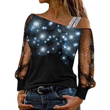 Imagem de Aniywn Camiseta feminina de manga comprida com ombro de fora e lantejoulas de malha com glitter, blusa de festa, clube, blusa Y2K, A9 - azul, XXG