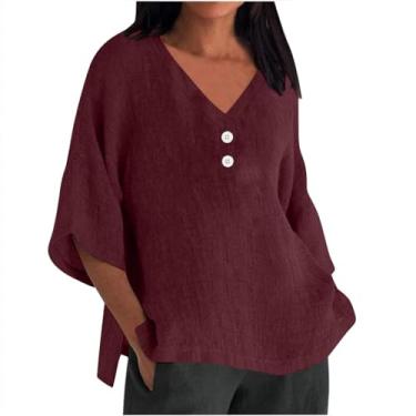 Imagem de Camisas de linho femininas plus size manga 3/4 comprimento casual solto gola V botão fenda lateral blusa moda verão, Vermelho, GG