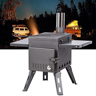 Imagem de Fogueira de acampamento, fogão a lenha com alça, inclui tubo de chaminé e prateleiras laterais niveladas, fogões a lenha para barraca, abrigo, aquecimento e cozinha de acampamento, pequeno