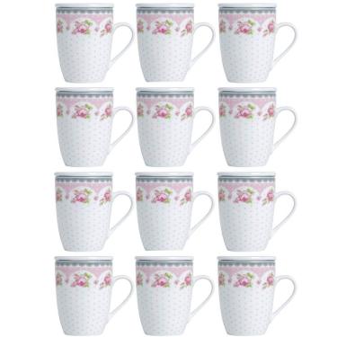 Imagem de Conjunto 12 Canecas de Porcelana Xícaras de Chá 310ml com Tampa Filtro Inox Infusor Lyor Rosa