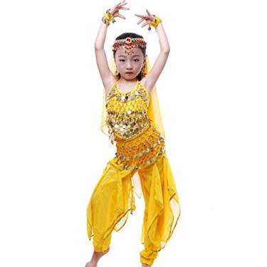 Imagem de Astage Fantasia de gênio da Índia dança do ventre árabe fantasia de Halloween para meninas, Amarelo, L (9Y-12Y)