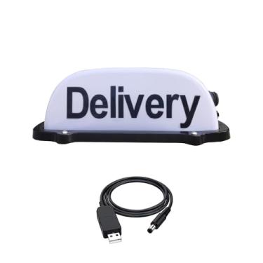 Imagem de FUNGNLY Luz de sinal de entrega recarregável por USB, sinal de luz de entrega para carro, placa de entrega de teto com magnético à prova d'água para placa iluminada no teto da cabine (BRANCO)