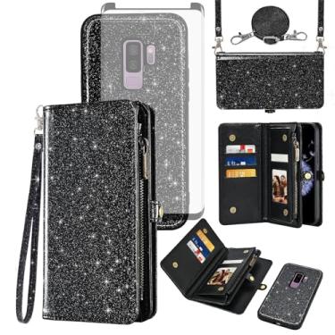 Imagem de Asuwish Capa de celular para Samsung Galaxy S9 Plus carteira com zíper destacável com protetor de tela de vidro temperado cordão alça flip compartimento para cartão S9+ 9S 9+ S 9 9plus S9plus feminino