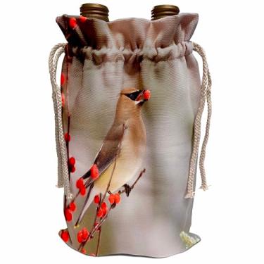Imagem de 3dRose Cedro Waxwing comendo Winterberry, Marion, Illinois, EUA. – Bolsa para vinho, 34 x 21 cm, bege