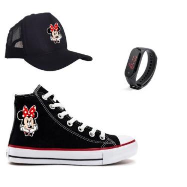 Imagem de Tênis Minnie Mouse Boné E Relógio Infantil All Cano Alto Moda Jovem Fe