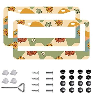 Imagem de 2 peças porta-capas de moldura de placa de licença retrô de aço inoxidável flores retrô com tampa de parafuso e conjunto de chave de fenda - 2 furos para meninas e mulheres (flor retrô)