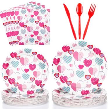 Imagem de Bokon Conjunto de 96 peças de utensílios de mesa para dia dos namorados decoração de festa de dia dos namorados descartável coração rosa pratos guardanapos facas garfos colheres para noivados,