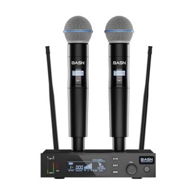 Imagem de Sistema de microfone sem fio UHF duplo BASN – Microfones portáteis de metal profissional para palco, karaokê, eventos e igreja (preto)