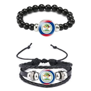 Imagem de Ykonuyis Pulseira de corda elástica de metal com contas pretas e pulseira de corda trançada de couro de liga para homens e mulheres apoia o seu país, Medium, Zinco, Vidro