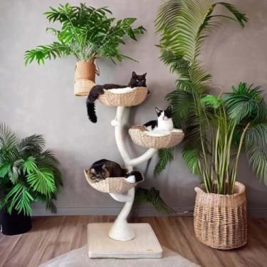 Imagem de TekBoost Árvore de gato de madeira natural, dia das bruxas, torre de arranhar, rede, tamanho grande, brinquedo perfeito para gatos, escalada, cesta de árvore de gato