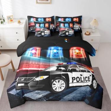 Imagem de Feelyou Conjunto de edredom infantil de carro de polícia, para adultos, meninas, preto, veículo policial com 7 peças, decoração de carro e 1 fronha, solteiro
