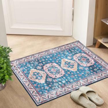Imagem de FairOnly Tapete de entrada pequeno Boho 2x3 Tapete de porta lavável tapetes de banheiro antiderrapantes tapete de cozinha de pilha baixa para cabeceira dormitório lavanderia, azul