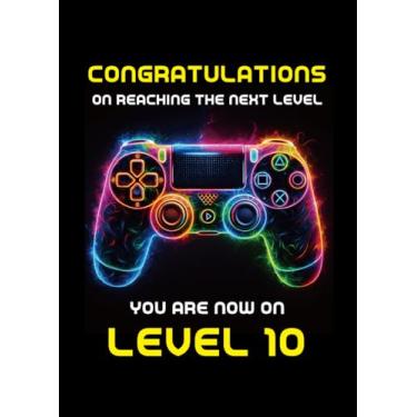 Imagem de Gooji Cartão de aniversário de jogador 5x7 para meninos e meninas - Design de nível para idades 9, 10, 11, 12 - Cartão de felicitações perfeito para festas de jogos (10 anos)
