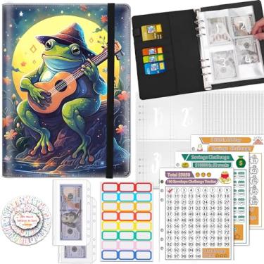 Imagem de 100 envelopes para guardar dinheiro, fichário econômico A5 com 25 envelopes para dinheiro, 3 rastreadores laminados reutilizáveis economizando US$ 5050, 500, 10.0000, organizador de dinheiro, sapo