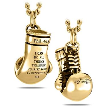Imagem de Shields of Strength Colar masculino banhado a ouro 14K ou aço inoxidável luva de boxe corrente pendente Philippians 4:13 versículo bíblico joias cristãs presentes, 30 inch, Banhado a ouro, Sem Pedra