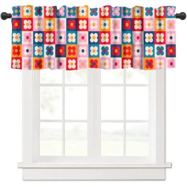 Imagem de Cortina de sanefas florais descoladas coloridas, primavera boho vintage patchwork abstrato geométrico floral hippie tratamento de janela saia bolso varão cortina curta para cozinha sala de estar 137 x